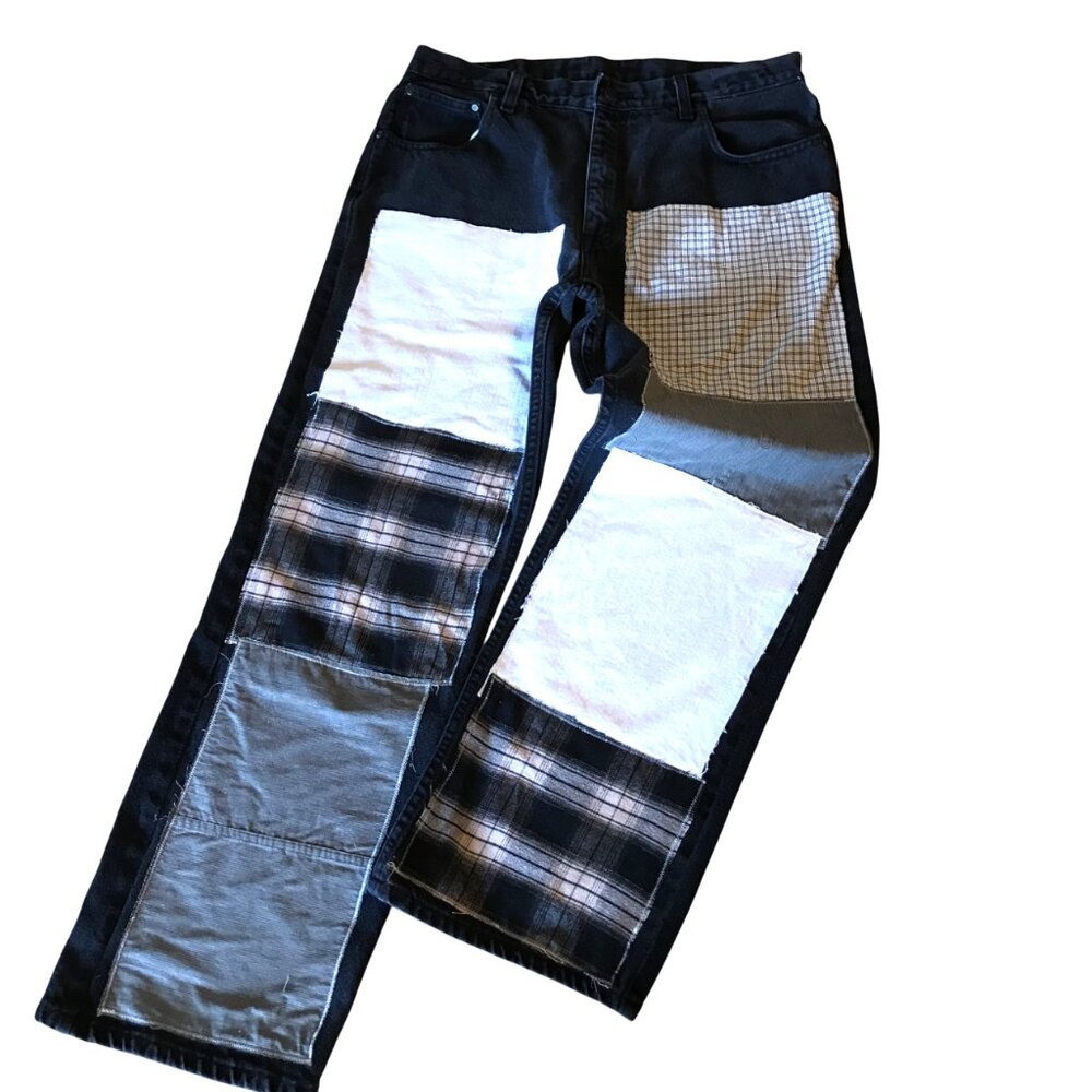 Men’s Big Patch Hippie Pants, Grunge Patchwork Jeans, Campus Streetwear, 36 x 32
